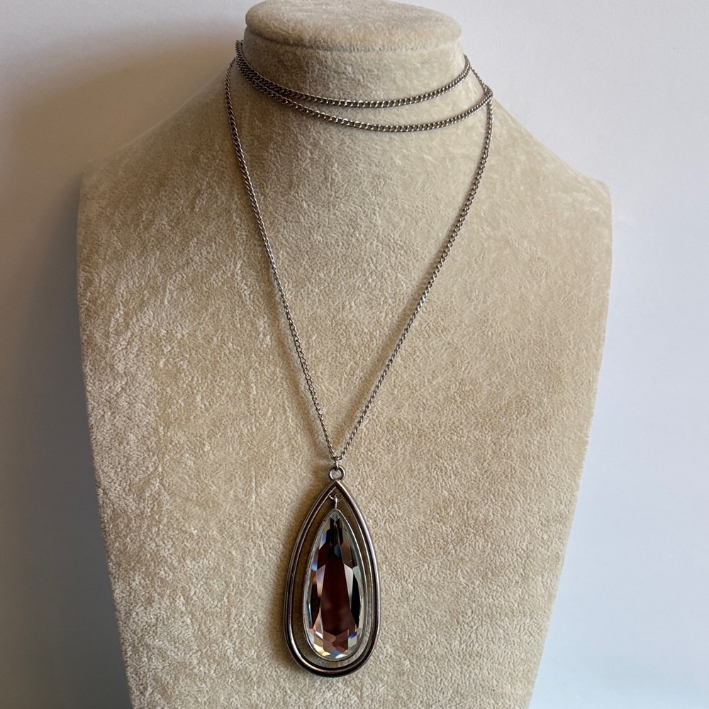 Long Silver Tone Teardrop Pendant Necklace Smoky Crystal 36”